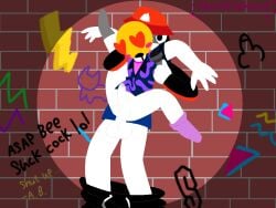 alternate_version_available artist_signature balls black_hair black_pants blush bottomless brick_wall el_cool_p_(incredibox) emoji_(race) full_nelson funnyfaemeat gay gay_sex genitals graffiti graffiti_on_wall heart holding_partner incredibox m.o.g._(incredibox) male male_only microphone monochromatic_skin pants_down penis polo_(incredibox) sex so_far_so_good spotlight white_skin