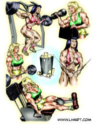 weights muscles muscular muscular_female muscular_thighs muscular_legs muscular_arms biceps dcmatthews female 2girls hair black_hair blonde_hair breasts