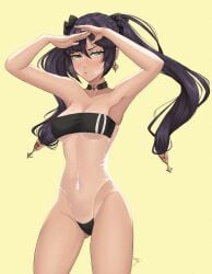 1girls akane_sak alternate_costume armpits arms_up asymmetrical_bangs bangs bare_arms bare_legs bare_shoulders black_choker black_hair black_ribbon blush breasts choker cleavage collarbone covered_navel earrings eyebrows_visible_through_hair female female_only floating_hair genshin_impact grey_eyes gris_swimsuit hair_between_eyes hair_ornament hair_ribbon half-closed_eyes jewelry legs leotard looking_at_viewer medium_breasts mihoyo mona_(genshin_impact) neck necklace one-piece_swimsuit open_mouth petite revealing_clothes ribbon see-through see-through_clothing see-through_leotard see-through_swimsuit serious simple_background solo solo_female standing strapless strapless_leotard strapless_swimsuit swimsuit teenager tied_hair translucent translucent_clothing translucent_swimwear twintails wind wind_lift yellow_background