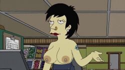 areolae clerk earrings edited_official_artwork exposed_breasts grocery_store large_breasts lipstick nipple_piercing nipples nose_ring overalls overalls_down overalls_only tattoo the_simpsons yellow_skin yellow_skinned_female yenvudu