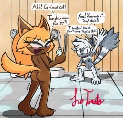 anthro areola bath bathhouse blush bodily_fluids breasts butt canid canine canis dialogue duo fangs female genitals hair hi_res idw_publishing lemur long_hair looking_at_viewer mammal navel nipples nude open_mouth primate rear_view sega shower_head sitting soap_bar sonic_the_hedgehog_(comics) sonic_the_hedgehog_(idw) sonic_the_hedgehog_(series) speech_bubble strepsirrhine sussytomato sweat sweatdrop tail tangle_the_lemur teeth tongue vulva whisper_the_wolf wolf