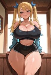 1girl 1girls ai_generated bare_shoulders black_shorts blonde-haired_female blonde_hair blush breasts brown_eyes cleavage fairy_tail huge_breasts iduniar jacket long_hair looking_at_viewer lucy_heartfilia navel ribbon short_shorts shorts smile solo sports_bra sweat thick_thighs thighs twintails