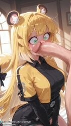 ai_generated dreamyan_ai highres breasts uncensored hi_res high_resolution high_quality thick_thighs thighs thick_ass 1girls curvy curvy_female curvy_body blonde_hair green_eyes long_hair animal_ears tiger_ears tiger_girl tiger_tail tail medium_breasts small_breasts petite ju_fufu ju_fufu_(zenless_zone_zero) zenless_zone_zero penis_on_face surprised imminent_sex imminent_oral imminent_fellatio