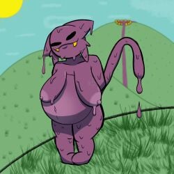 1:1 anthro belly big_belly breasts chefrens fangs female feral goo_creature goo_humanoid hi_res hill huge_belly humanoid long_tail nora_(chefrens) purple_body sagging_breasts shortstack sky solo sun tail teeth yellow_teeth