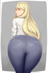 1girls aqua_eyes ass ass_focus big_ass blonde_hair blue_pants blush border clenched_teeth cross-laced_clothes denim disdain female female_only from_behind grey_background hair_over_one_eye half-closed_eye highres huge_ass jeans kantai_collection leaning_forward legs_together lips long_hair long_sleeves looking_at_viewer looking_back lvl lvl_(sentrythe2310) mole mole_under_eye mole_under_mouth outside_border pants pantylines pocket richelieu_(kantai_collection) shirt simple_background solo standing teeth very_long_hair wavy_hair white_border white_shirt