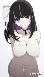 1girls solo female_only female female_focus long_hair collarbone shoulders nipples areolae cleavage large_breasts breasts midriff belly navel belly_button thighs thick_thighs groin slim_waist slim_female narrow_waist slender_waist slender_body lean_figure wide_hips hourglass_figure white_background simple_background upper_body highres high_resolution standing looking_at_viewer digital digital_media digital_art digital_drawing digital_media_(artwork) digital_drawing_(artwork) 2d 2d_(artwork) 2d_artwork drawing light_skin light_skinned_female light_skinned light_skin_female light-skinned_female light-skinned pale pale_skin pale-skinned_female pale_skinned_female white-skin white_skinned_female white-skinned_female black_hair black-haired_female purple_hair purple-haired_female multicolored_hair tilted_head head_tilt purple_eyes purple-eyed_female looking_up looking_up_at_viewer hair_tie ribbon hair_ribbon white_hair_tie white_ribbon white_hair_ribbon hand_behind_back arm_behind_back hands_behind_back arms_behind_back nude naked nudity naked_female nude_female exposed naked_woman completely_nude completely_naked fully_nude fully_naked completely_naked_female completely_nude_female topless topless_female busty busty_female busty_girl adult adult_female mature_female mature large_boobs big_breasts big_boobs areola pink_nipples pink_areola pink_areolae censored censored_pussy censored_genitalia censored_vagina censored_breasts censored_nipples mosaic_censoring inguinal_crease inguinal_ligament thigh_gap legs_closed legs_together thighs_together curvy curvy_figure curvy_body curvy_female curvy_hips bare_skin bare_shoulders bare_breasts bare_nipples bare_tits bare_chest bare_arms bare_torso bare_midriff bare_belly bare_navel bare_hips bare_thighs bare_legs exposed_skin exposed_shoulders exposed_breasts exposed_nipples exposed_chest exposed_arms exposed_torso exposed_midriff exposed_belly exposed_navel exposed_hips exposed_thighs exposed_legs curvaceous curvaceous_figure curvaceous_body curvaceous_female curvaceous_hips voluptuous voluptuous_figure voluptuous_body voluptuous_female voluptuous_woman dayyo_(daydarion/day-chan) blunt_bangs sidelocks vtuber virtual_youtuber youtuber youtuber_girl vtuberfanart choker black_choker ririsya indie_virtual_youtuber