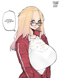 1girl bangs_pinned_back blonde_hair blue_eyes blush bra_visible_through_clothes breasts closed_mouth english_text folded_hair glasses gym_shirt gym_uniform highres huge_breasts inne_sulistya_robin jacket long_hair norman_maggot original partially_unzipped red_track_suit shirt solo track_jacket track_suit upper_body white_background white_shirt