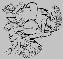 2023 andromorph anthro anus black_nose blush bodily_fluids claws clitoris clothing dipstick_hair english_text eulipotyphlan finger_claws fluffy footwear genital_fluids genitals hand_behind_head hi_res in_heat intersex mammal raised_arm scratch_mark sega shaddycatz sharp_teeth shoes solo sonic_the_hedgehog_(series) sonic_the_werehog sonic_unleashed spiked_clothing spiked_footwear spiked_shoes spikes spread_legs spreading tail teeth text vaginal_fluids vulva werecreature wereeulipotyphlan werehog