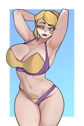 1girls big_breasts bikini blonde_female blonde_hair blue_background border breasts brothbowl cowboy_shot female female_only gameoverse glitch_productions grin hi_res large_breasts light_blue_background looking_at_viewer miss_information_(gameoverse) parted_lips simple_background smile solo teeth white_background