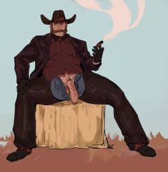 cowboy dad_bod daryl_(hebiwoogie) gay hebiwoogie human human_male human_only pants_open penis penis_out veiny_cock woogieville