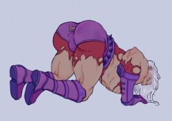 1boy absurdres all_fours anus anus_peek bara bent_over biceps collarbone covered_testicles english_commentary highres long_hair magneto magneto_(untamed_overlord) male_focus marvel marvel_rivals nipples pants pectorals riceandhotdogs shirt spiked_belt top-down_bottom-up torn_clothes torn_pants torn_shirt white_hair x-men