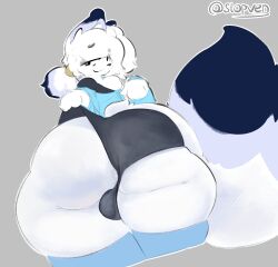 absurd_res anthro anus_peek big_butt black_clothing black_underwear blue_clothing blue_footwear blue_hair_tips blue_legwear blue_shirt blue_socks blue_tail_tip blue_thigh_highs blue_thigh_socks blue_topwear bulge bulge_from_behind butt butt_focus canid canine chest_tuft clothing clothing_pull dipstick_tail fat_rolls femboy fennec_fox footwear fox fur hair hi_res legwear looking_at_viewer male mammal markings ponytail serven shaded shirt signature socks solo tail tail_markings thick_thighs thighhighs topwear true_fox tuft underwear underwear_pull white_body white_butt white_face white_fur white_hair white_hands white_tail white_thighs