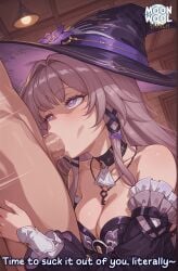 ai_assisted ai_generated big_breasts blowjob breasts brown_hair caption clothed clothed_female clothed_female_nude_male clothed_sex comic curvy curvy_body curvy_female deepthroat fellatio herta_(honkai:_star_rail) honkai:_star_rail hug hugging large_breasts long_hair moonwool_branch oral oral_sex purple_eyes sucking sucking_penis talking talking_to_viewer the_herta_(honkai:_star_rail) thick_ass thick_thighs thighs uncensored very_long_hair witch witch_hat