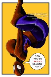2d arched_back back_arch big_breasts big_eyes caught_staring curvy dialogue genderswap marvel marvel_comics no_sex patreon_username peter_parker petra_parker rendered rule_63 somethinsour spandex speech_bubble spider-man spider-man_(series) superhero superhero_costume superheroine text twitter_username upside-down voluptuous