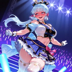 1girl clothing female kamisato_ayaka gloves mole mole_under_eye blue_eyes solo breasts blue_hair long_hair skirt thighhighs thighs legwear bangs genshin_impact navel white_gloves idol blush large_breasts glowstick smile white_legwear light_blue_hair white_thighhighs open_mouth ponytail blunt_bangs neck_tassel hair_ornament midriff short_sleeves gold_trim bare_shoulders crop_top blue_skirt thick_thighs stage_lights concert cleavage hair_ribbon alternate_costume sweat blunt_tresses frilled_skirt stomach ribbon full-face_blush sidelocks stage floating_hair miniskirt dancing tassel inviting inviting_to_sex seductive seductive_look seductive_smile presenting presenting_hindquarters presenting_ass presenting_self presenting_breasts 1girls ai_generated voluptuous_female voluptuous curvaceous curvaceous_figure curvaceous_female curvy curvy_figure female_focus balecxi mihoyo hoyoverse