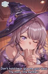 ai_assisted ai_generated big_breasts blowjob breasts brown_hair caption clothed clothed_female clothed_female_nude_male clothed_sex comic curvy curvy_body curvy_female deepthroat fellatio herta_(honkai:_star_rail) honkai:_star_rail large_breasts long_hair male_pov moonwool_branch one_eye_closed oral oral_sex pov purple_eyes seductive seductive_eyes seductive_look seductive_mouth seductive_pose seductive_smile sucking sucking_penis talking talking_to_viewer the_herta_(honkai:_star_rail) thick_ass thick_thighs thighs uncensored very_long_hair witch witch_hat