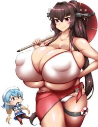 2girls arumat bikini bikini_bottom bikini_top blue_hair blush brown_hair bursting_breasts cameltoe chibi covered_nipples curvy gigantic_breasts gloves gradient_hair hat holding_umbrella kantai_collection long_hair lowleg lowleg_bikini orange_eyes pantyhose red_eyes red_sarong sado_(kantai_collection) sarong simple_background skindentation skirt smug thick_thighs umbrella white_background white_bikini yamato_(kantai_collection) yellow_hair