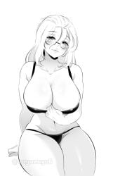 1girl bangs_pinned_back bikini blush borrowed_character breasts cleavage curvy facing_viewer glasses highres inne_sulistya_robin large_breasts legs_together long_hair norman_maggot simple_background solo swimsuit white_background zuyuzuyu zuyuzuyu6