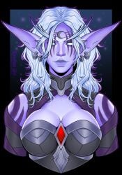 2d artist:lovelorn female cleavage white_hair earrings large_breasts high_collar long_eyebrows world_of_warcraft elf elf_ears pointed_ears night_elf glowing_eyes