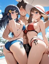 pokemon ai_generated may_(pokemon) dawn_(pokemon) hairclip outdoors swimsuit parasol beach_umbrella breast_press sky blue_bikini red_bikini 2girls 1boy faceless_male grin male_swimwear ass day long_hair white_headwear navel black_hair blue_hair brown_hair big_breasts large_breasts blush sideboob back side-tie_bikini hat blue_eyes sun_hat smie beach pool standing sandwiched seductive seductive_smile cleavage seducing
