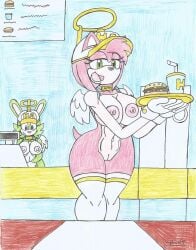 2girls amy_rose angel_costume badge big_breasts big_hips curvy_female fake_halo fake_wings fast_food fast_food_uniform green_body green_eyes green_fur long_socks looking_at_you marlon64 mobian_(species) mobian_hedgehog mobian_rabbit naked_cap naked_collar naked_female naked_gloves naked_stockings naked_wings naked_with_shoes_on orange_eyes original_character pink_body pink_fur restaurant restaurant_sex service serving_food sexy_uniform smiling_at_you snacks sonic_(series) traditional_drawing_(artwork) white_fur