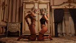 painzzzz 3d cd_projekt_red larian_studios baldur's_gate_3 baldur's_gate the_witcher_(series) the_witcher_3:_wild_hunt crossover shadowheart hair_ornament white_hair 2girls elf_ears braid ciri green_eyes mascara scar female light_skin light-skinned_female captured captured_heroine captured_female lingeri bra no_panties ass gagged