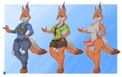 accessory anthro badge balls belt blush bottomwear breasts canid canine carrot carrot_pen claws cleavage clothed clothing digitigrade dipstick_ears dipstick_tail disney ear_markings eyebrows eyelashes fluffy fluffy_ears fluffy_tail food fox fur fusion futanari fuzzy_balls genitals green_eyes grey_body grey_fur gynomorph hand_on_hip head_tuft hi_res hybrid intersex judy_hopps knot knotted_penis lagomorph leporid long_ears mammal markings msgurt multicolored_body multicolored_ears multicolored_fur multiple_outfits navel necktie nick_wilde nipples nude orange_body orange_fur penis pink_nipples plant police police_uniform pouches rabbit shirt shorts smile smiling_at_viewer solo story story_in_description tail tail_markings topwear tuft two_tone_body two_tone_fur uniform vegetable zootopia