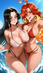2d 2d_(artwork) 2girls ai_art ai_generated alternate_costume big_breasts bikini bikini_bottom bikini_top black_hair blush boa_hancock day female female_focus female_only front_view genshin_impact light-skinned_female light_skin long_hair looking_at_viewer mature mature_female mavuika_(genshin_impact) ocean one_piece outdoors red_bikini red_bikini_bottom red_bikini_top red_eyes red_hair red_swimsuit sexy sky smiling smiling_at_viewer standing standing_in_water summer swimsuit two-piece_swimsuit two-tone_hair voluptuous voluptuous_female water white_bikini white_bikini_bottom white_bikini_top white_swimsuit yellow_hair