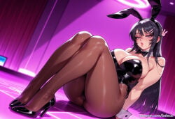 1girl ai_generated animal_ears ass balecxi bare_shoulders black_bow black_bowtie black_footwear black_hair black_leotard cleavage detached_collar fake_animal_ears hair_ornament hairclip high_heels knees_up large_breasts lips long_hair looking_at_viewer pantyhose parted_lips patreon_username playboy_bunny purple_eyes rabbit_ears rabbit_hair_ornament sakurajima_mai seishun_buta_yarou_wa_bunny_girl_senpai_no_yume_wo_minai shiny_clothes sitting solo strapless strapless_leotard thighs wrist_cuffs