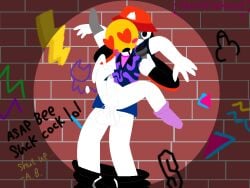 alternate_version_available artist_signature black_hair black_pants blush bottomless brick_wall cum el_cool_p_(incredibox) emoji_(race) full_nelson funnyfaemeat gay gay_sex graffiti graffiti_on_wall heart holding_partner incredibox m.o.g._(incredibox) male male_only microphone monochromatic_skin orgasm pants_down polo_(incredibox) so_far_so_good spotlight white_skin