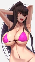 1girls akitsuki_karasu bikini black_hair female female_only hands_behind_head kurochijo large_breasts large_hair looking_at_viewer open_mouth original red_eyes simple_background smile