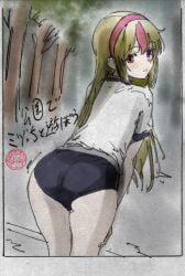 1girls ass bent_over big_ass blonde_hair buruma come_hither dated fat_ass half-closed_eyes hand_on_leg hand_on_thigh highres huge_ass japanese_text legs lipstick long_hair nomeno_mizuha original parted_lips pink_eyes pink_lipstick seductive seductive_look seductive_smile sensual sexy sexy_pose shirt smile sportswear teeth thighs traditional_media translation_request