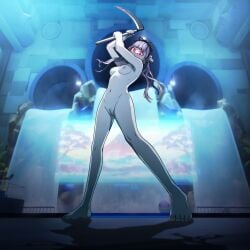 1girl bare_armpits bare_arms bare_belly bare_breasts bare_chest bare_hips bare_knees bare_legs bare_midriff bare_pussy bare_shoulders bare_skin bare_stomach bare_thighs barefoot blood_on_face completely_naked completely_naked_female completely_nude completely_nude_female edit feet female female_focus female_only full_body fully_naked fully_naked_female fully_nude fully_nude_female holding_scythe holding_weapon long_hair looking_at_viewer looking_down nude_filter official_art official_artwork_edit pink_hair pussy red_eyes scythe solo solo_focus the_hundred_line_-last_defense_academy- third-party_edit toenails toes tsukumo_kako twintails