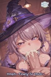 ai_assisted ai_generated big_breasts blowjob breasts brown_hair caption cheek_bulge clothed clothed_female clothed_female_nude_male clothed_sex comic cum cum_in_mouth curvy curvy_body curvy_female deepthroat fellatio herta_(honkai:_star_rail) honkai:_star_rail large_breasts long_hair male_pov moonwool_branch oral oral_sex pleasure_face pov purple_eyes sucking sucking_penis talking talking_to_viewer the_herta_(honkai:_star_rail) thick_ass thick_thighs thighs uncensored very_long_hair witch witch_hat