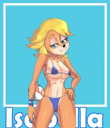 1girls anthro bikini blonde_hair blue_bikini breasts crash_(series) fur furry isabella_bandicoot jeaike long_hair solo