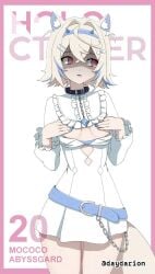 1girls 2d 2d_(artwork) 2d_artwork animal_ear_fluff animal_ears animal_tail antenna_hair belt black_choker blue-haired_female blue_fingernails blue_hair blue_nail_polish blue_nails blunt_bangs breasts choker clothes covering covering_breasts covering_chest covering_nippleshand_bra covering_self curvy curvy_body curvy_female curvy_figure curvy_hips dayyo_(daydarion/day-chan) digital digital_art digital_drawing digital_drawing_(artwork) digital_media digital_media_(artwork) drawing dress female female_focus female_only fingernails fingers groin hair_between_eyes handbra head_tilt hiding_breasts hime_cut hololive hololive_english inframammary_fold lean_figure mococo_abyssgard multicolored_hair nail_polish nails narrow_waist outfit petite petite_body petite_breasts petite_female petite_girl petite_tits red-eyed_female red_eyes short_hair simple_background slender_body slender_waist slim_female slim_waist small_boobs small_breasts small_tits solo standing straight_hair thigh_gap thighs tilted_head tiny_breasts topwear upper_body virtual_youtuber vtuber vtuberfanart white-haired_female white_background white_clothes white_dress white_hair white_outfit white_topwear wide_hips youtuber youtuber_girl