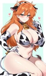 pokemon pokemon_rgby misty_(pokemon) kasumi_(pokemon) ai_generated animal_print bare_shoulders bikini bikini_top black_collar bracelet clothing collar cow_bell cow_print cow_print_bikini cow_print_swimsuit elbow_gloves fake_animal_ears fake_horns fake_tail footwear front-tie_bikini_top front-tie_top gloves hairband hair_between_eyes headwear jewelry kneehighs legwear neck_bell print_bikini print_gloves print_swimsuit socks swimsuit white_bikini white_gloves white_swimsuit animal_ears animal_horns blush breasts busty cleavage cow_ears cow_horns cow_tail female green_eyes horns large_breasts long_hair navel orange_hair stomach tail thick_thighs thighs underboob bent_knees closed_mouth hand_on_hip hand_on_own_hip hand_up sitting smile wariza looking_at_viewer cow_girl bell 1girl solo