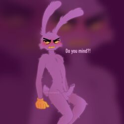 angry anthro blush bodily_fluids clothing cum ejaculation erection fluffy flustered fr34krave fur genital_fluids glitch_productions gloves handwear hi_res jax_(tadc) lagomorph leporid m1llipedez male male/male mammal purple_body purple_fur rabbit sitting solo teeth the_amazing_digital_circus yellow_eyes yellow_teeth