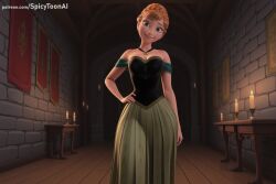 1girl ai_generated anna_(frozen) bare_shoulders blonde_hair blue_eyes braid breasts christmas crown_braid disney disney_princess dress french_braid frozen_(film) hair_bun hand_on_hip hi_res high_quality high_resolution indoors jewelry looking_at_viewer patreon seductive sexy smile solo spicytoonai standing uncensored watermark wooden_floor