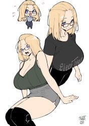 1girl absurdres band_shirt bangs_pinned_back black_shirt blonde_hair blue_eyes blue_shirt boots breasts chibi cropped_legs flat_color flying_sweatdrops from_above green_tank_top grey_skirt highres huge_breasts inne_sulistya_robin invisible_chair knee_boots long_hair merchandise norman_maggot open_mouth original pants pencil_skirt red-framed_eyewear shirt sitting skirt sleep_token_(band) t-shirt tank_top white_background
