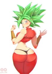 1girls 5_fingers arm_band arm_cuffs ass big_ass black_thong blue_eyes dragon_ball dragon_ball_super earrings facing_viewer green_earrings green_hair hocbo hourglass_figure huge_ass kefla pale-skinned_female pale_skin red_crop_top red_shirt red_topwear simple_background solo spiky_hair thick_ass thick_thighs thighs thong white_background