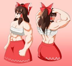 1girls abs brown_hair cleavage female large_breasts muscular_female pandatarius red_eyes reimu_hakurei sarashi touhou