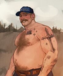 1boy dad_bod daddy daryl_(hebiwoogie) dilf fat fat_male gay hebiwoogie human human_male human_only male male_only solo solo_male topless topless_male woogieville