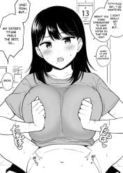 1boy 1girls big_breasts brother brother_and_sister dialogue english_text english_translation human incest large_breasts long_hair looking_at_viewer male_pov monochrome nude nude_male paizuri paizuri_under_clothes pov shirt sister titjob yue_(show-ei)