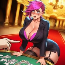 ai ai_assisted ai_generated breasts_bigger_than_head casino clevage female_thick_thighs fit fit_body fit_female league_of_legends lost_bet panty_peek pink_hair pointing poker_table prussia123 sexy sexy_body sexy_clothing sexy_female shocked short_hair skimpy_clothes skirt stockings suit_jacket suprised tomboy vi_(league_of_legends)
