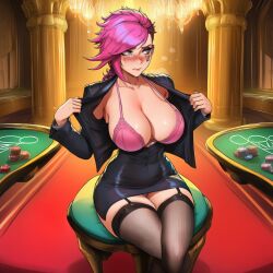 ai ai_assisted ai_generated breasts_bigger_than_head casino clevage female_thick_thighs fit fit_body fit_female league_of_legends lost_bet panty_peek pink_hair poker_table prussia123 sexy sexy_body sexy_clothing sexy_female short_hair shy skimpy_clothes skirt stockings suit_jacket taking_clothes_off tomboy vi_(league_of_legends)