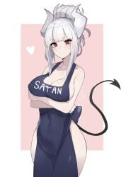 1girls apron big_breasts blush demon_girl demon_tail helltaker horns lucifer_(helltaker) luse_maonang naked_apron pink_background red_eyes red_potato_rinrin simple_background solo_female solo_focus tagme white_background white_hair