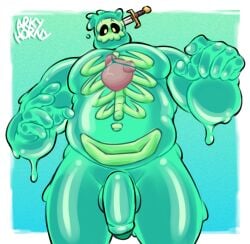 arkyhorny belly bone doug_(monster_con) doug_monster_prom genitals goo_creature green_body heart_(organ) hi_res humanoid looking_at_viewer male not_furry nude organs pelvis penis rib_cage simple_background slime solo translucent translucent_body visible_skeleton yellow_eyes