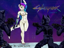 anari anthro anthro_only armor breasts casual clothed clothing cyberpunk_2077 female firearm genitals group gun hair handgun headgear helmet lutrine male mammal multicolored_hair mustelid nipples nude pussy ranged_weapon snaketeeth12 weapon