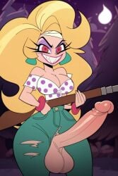 1futa 1girls ai_assisted ai_generated balls big_balls big_penis blonde_hair clothed crazy_eyes erection evil_grin evil_smile futanari helluva_boss looking_at_viewer martha_(helluva_boss) open_fly penis penis_out red_eyes rifle scary smirk solo testicles unzipped_pants vivienne_medrano vivziepop yellow_hair